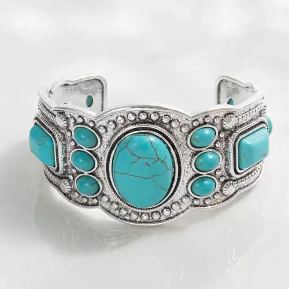 NWT Vintage Western Faux Turquoise Zinc Alloy Cuff Bracelet Southwestern Silver